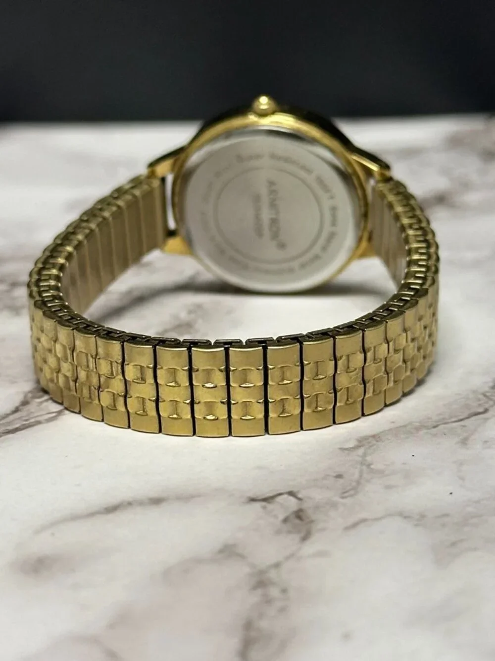Armitron Watch Women Gold Tone Black Dial Stretch Band New Battery 6.75 Inch